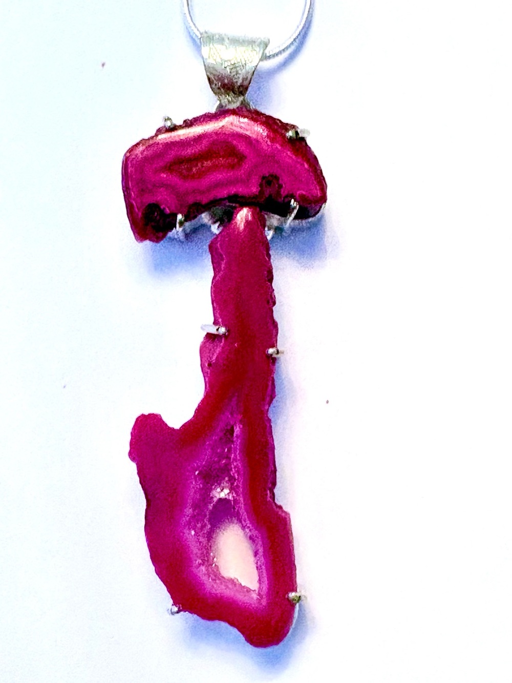 Pretty, 2 1/2 inch, 2 stone Solar Agate pendant on a silver chain.